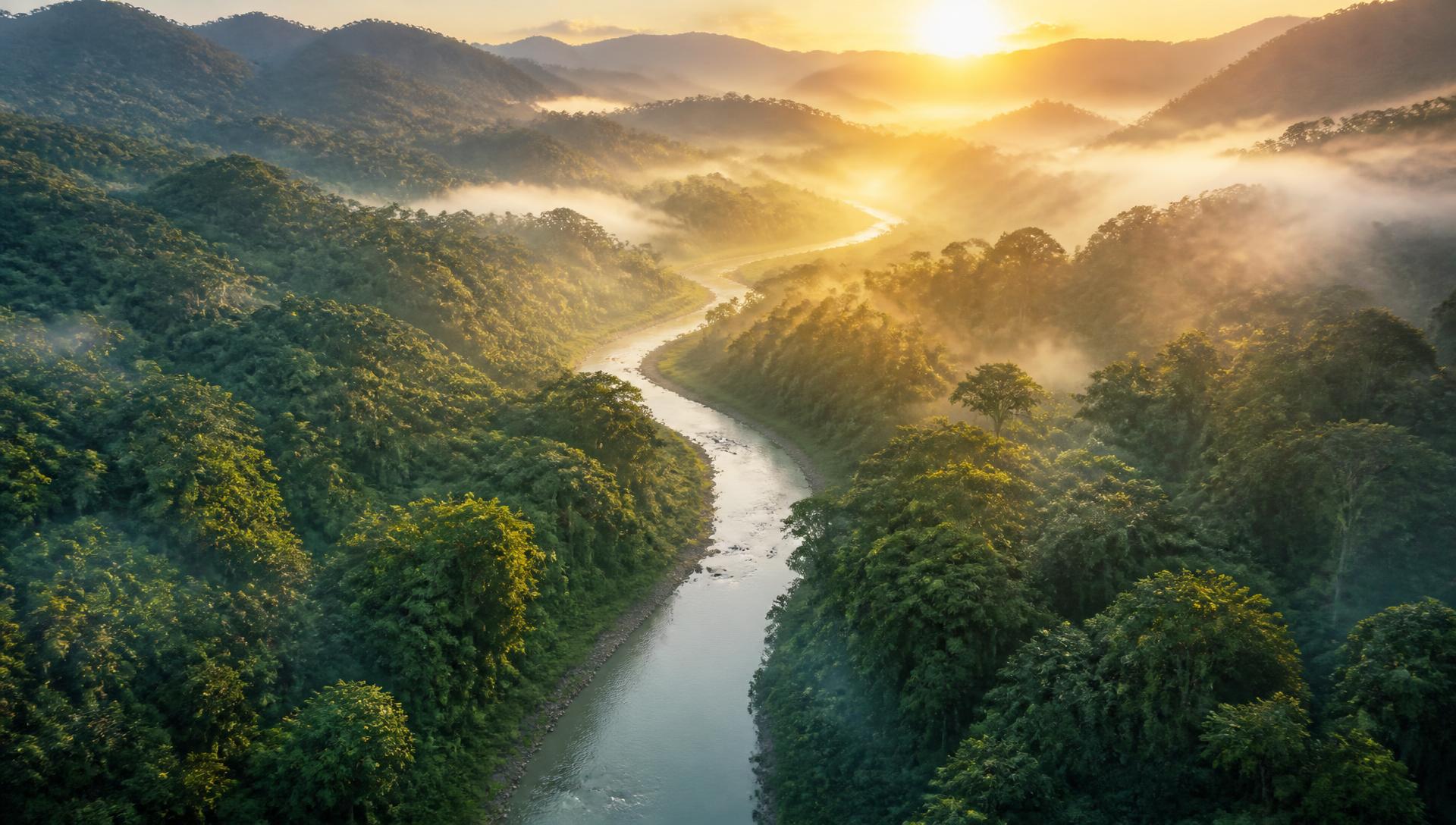 Misty river valley winding through dense green forest at sunrise
